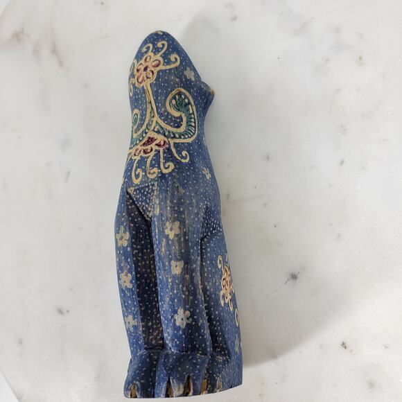 VTG Wooden Cat Shelf Sitter 6" Blue Hand Made Carved Painted Paisley Floral - Picture 13 of 16